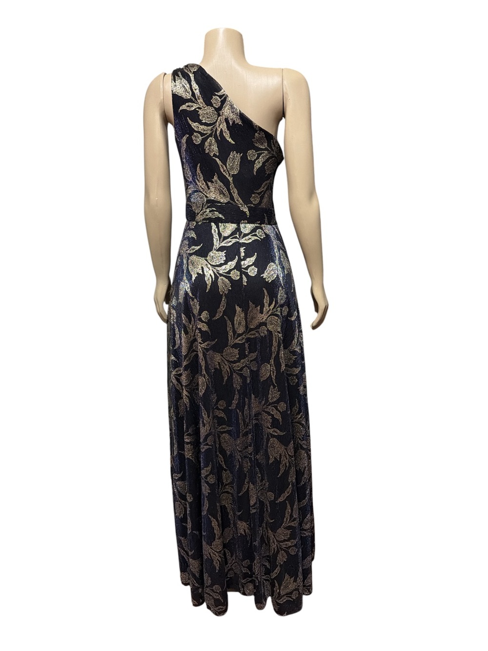 NWT Betsy & Adam Sz 6 Navy Gold Metallic Floral One-Shoulder Evening Gown $278 - Picture 5 of 9
